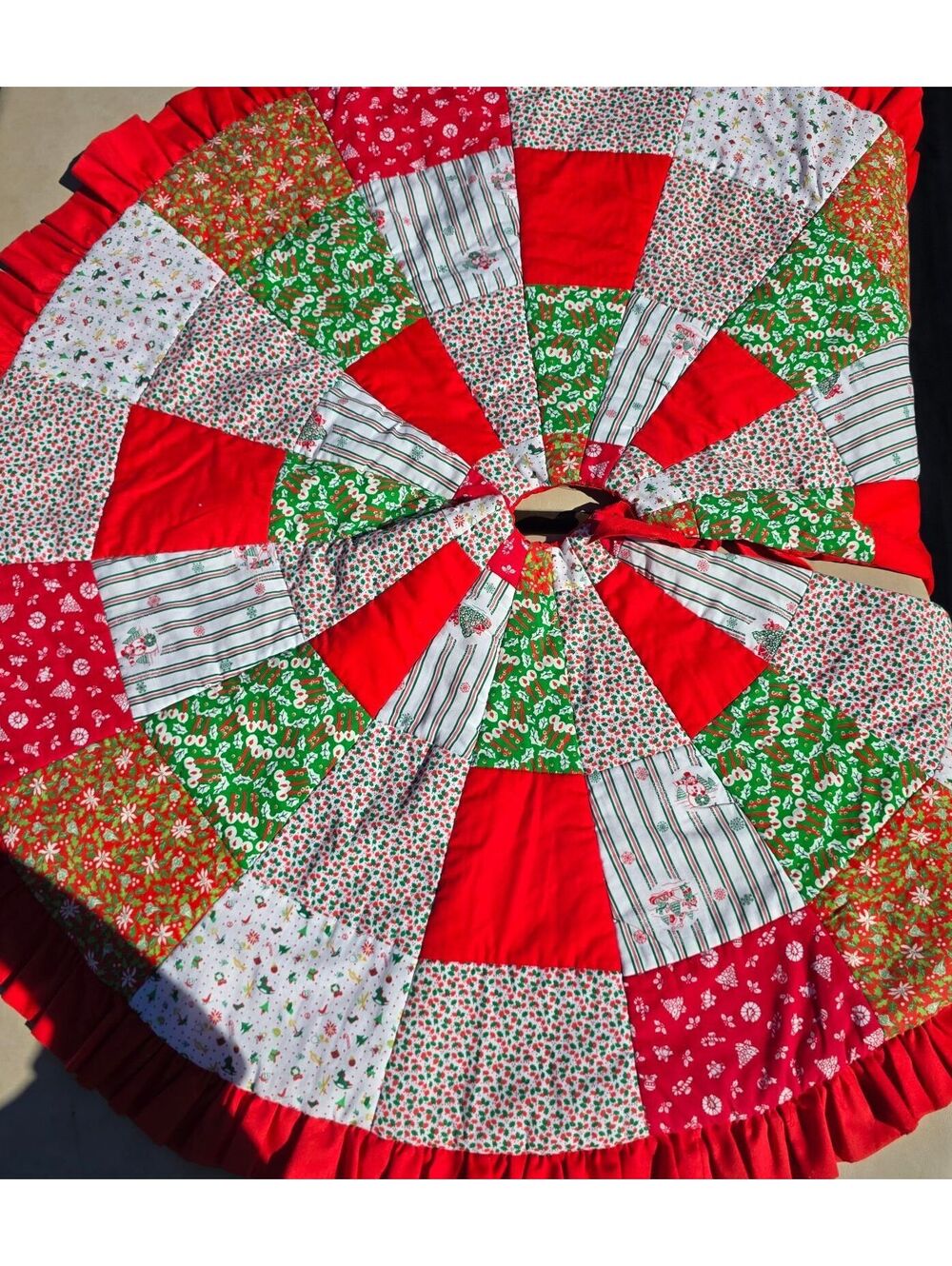 Vtg Handmade Patchwork Christmas Tree Skirt 46" Ruffle Grandmacore Calico Quilt